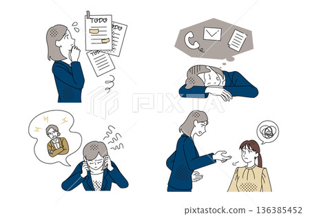 Illustration set of a businesswoman with work worries and business troubles 136385452