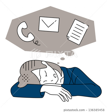 一位女商人因忙於商務溝通和信件而疲憊不堪的插圖。 136385458