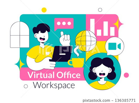Virtual Office Workspace Vector Illustration For Remote Work Business Technology Concept In Modern Digital Flat Style Background 136385771