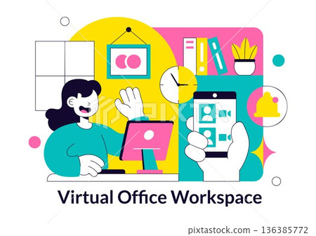 Virtual Office Workspace Vector Illustration For Remote Work Business Technology Concept In Modern Digital Flat Style Background 136385772
