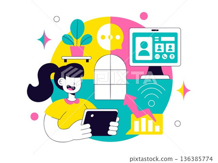 Virtual Office Workspace Vector Illustration For Remote Work Business Technology Concept In Modern Digital Flat Style Background 136385774