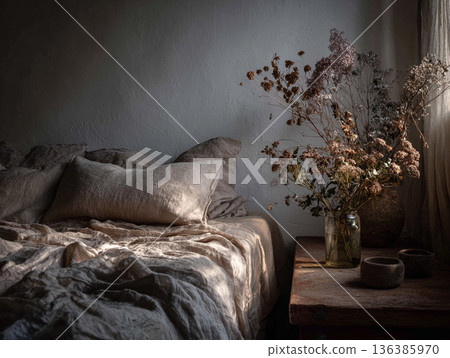 Serene bedroom with soft color palette and a cozy bed and flowers by the window during the day 136385970