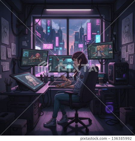 一位數位藝術家繪製了一幅霓虹閃爍的賽博龐克城市景觀。 一位數位藝術家繪製了一幅霓虹閃爍的賽博龐克城市景觀。 136385992