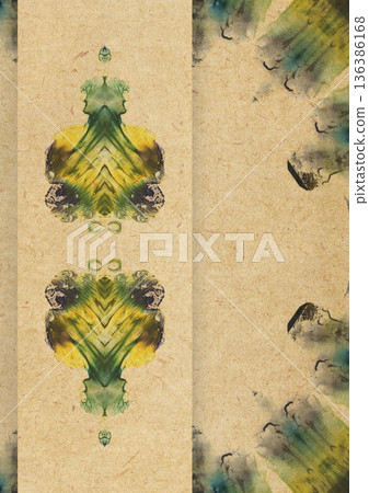 Abstract symmetrical watercolor composition on vintage kraft paper with green and yellow organic shapes. Decorative background for posters, covers, stationery, branding, packaging and creative design  136386168