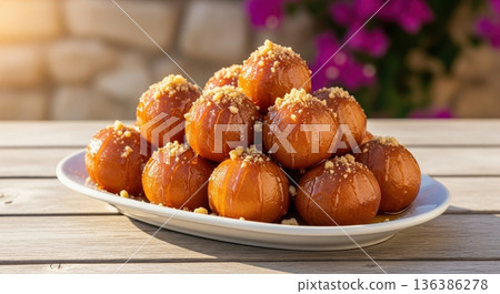 Traditional Cypriot loukoumades dessert with honey and nuts on white plate on wooden table Traditional Cypriot loukoumades dessert with honey and nuts on white plate on wooden table 136386278