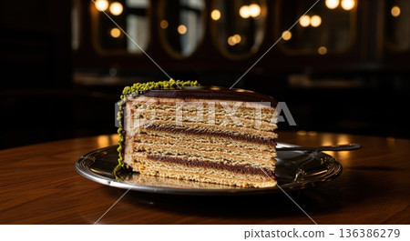 Slice of garash cake with chocolate glaze and pistachio nuts on silver plate in dark cafe 136386279