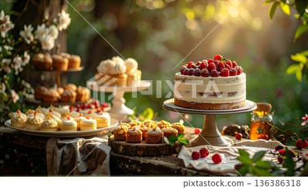 花園下午茶派對的美味蛋糕 136386318