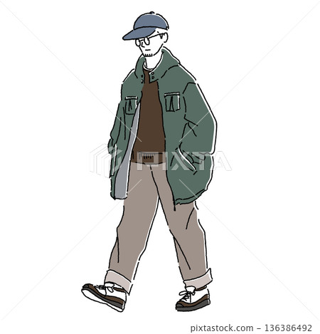 街頭休閒時尚彩色插畫，描繪了一位戴著帽子、穿著寬鬆夾克的男士行走的場景。 136386492