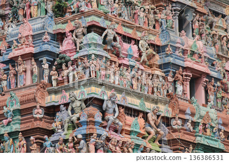 Stunning sculptures of the ancient Arulmigu Sri Parthasarathyswamy Temple, Chennai, India. 136386531
