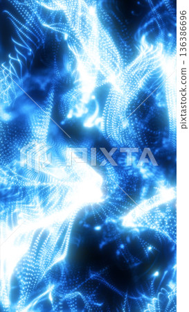 Luminous blue particle waves forming fluid energy streams, representing digital motion, data flow, and abstract futuristic technology Luminous blue particle waves forming fluid energy streams, representing digital motion, data flow, and abstract futuristic technology 136386696