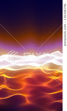 Vibrant glowing waves of particles forming a dynamic digital landscape in warm orange and cool white tones 136386706