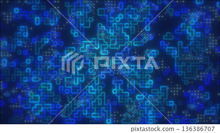 Abstract blue digital circuit-style pattern of glowing squares and dots, symbolizing data networks and advanced technology 136386707