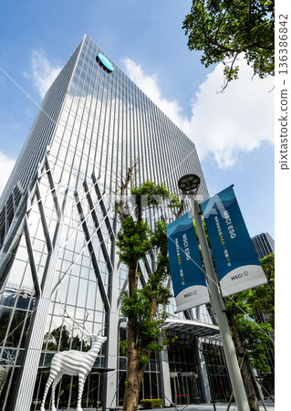 Low-angle view of the E.Sun Financial Holdings Second Headquarters building in Taipei, Taiwan.  136386842