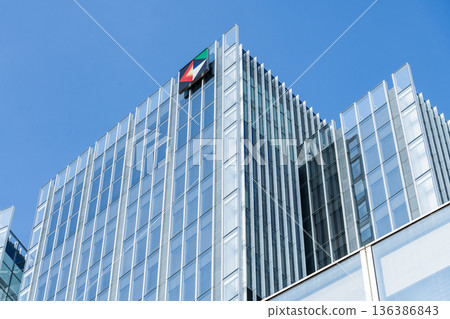 Low-angle view of the KGI Financial Holding Headquarters building in Taipei, Taiwan.  The KGI Financial Holding Headquarters in Taipei, Taiwan. 136386843