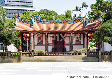 View of the Confucius Temple in Hsinchu City, Taiwan. This is a historic heritage site featuring a Chinese-style building that is over a hundred years old. 136386846