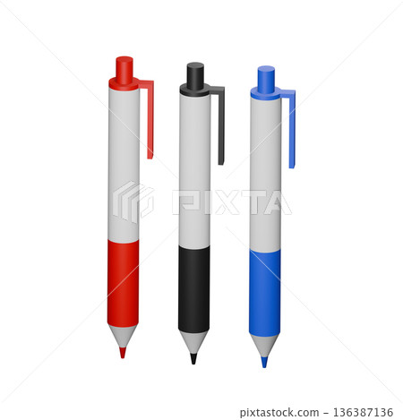 3D illustration of three colored ballpoint pens lined up | 3DCG 136387136
