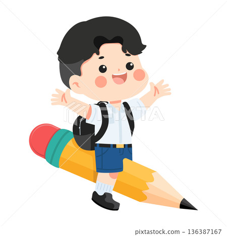 Student Boy Riding a Pencil Illustration Student Boy Riding a Pencil Illustration 136387167