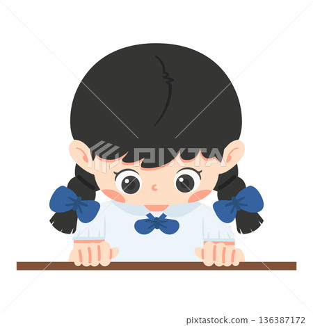 Thoughtful Schoolgirl In Uniform Looking Downward 136387172