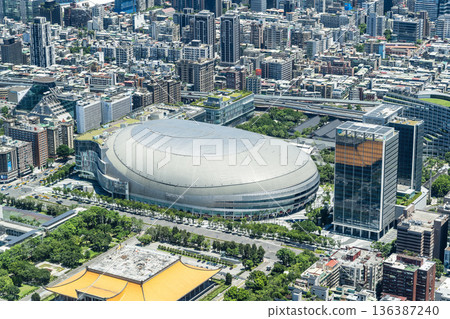 Bird-eye view of Taipei Dome and other modern buildings from the Taipei 101 Observation Deck, Taiwan.  136387240