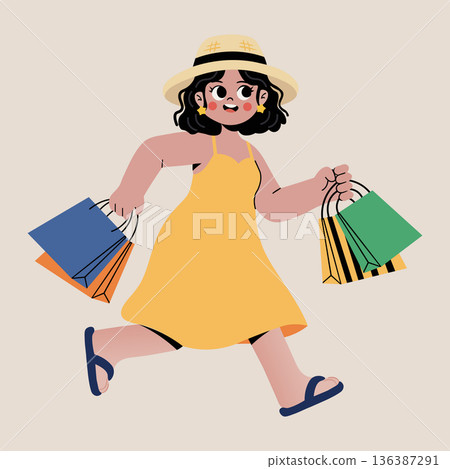 Joyful woman running happily with shopping bags, vector illustration for retail and sale themes 136387291