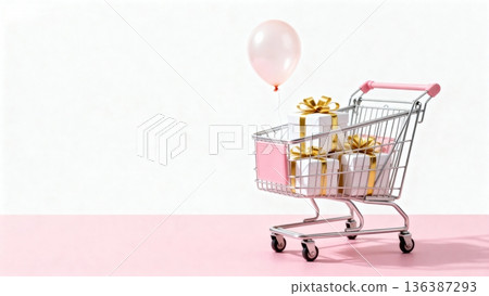shopping cart with balloons and gift boxes 136387293