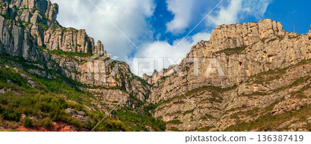 Mountain landscape of the Montserrat massif, Catalonia, Spain. Santa Maria de Montserrat Abbey 136387419