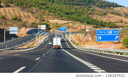 Truck driving on the highway, Catalonia, Spain, Europe. 136387431