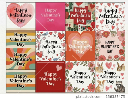 一套情人節祝福卡。復古可愛的心形和動物圖案包裝紙。 136387475