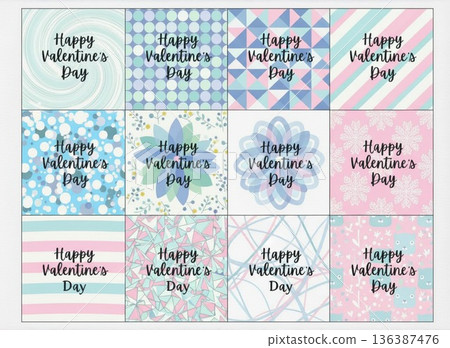 情人節賀卡套裝。清新的幾何圖案，以柔和的粉藍色和淺藍色為主色調。 136387476