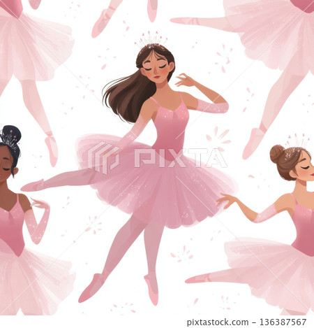 Seamless Pattern of Graceful Dancers in Pink Leotards With Tiaras for Girls Pajamas and Bedroom Decorations in a Soft White Setting 136387567