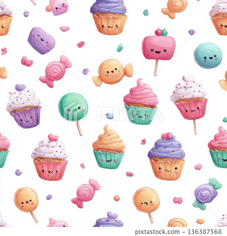 Seamless Pattern of Graceful Dancers in Pink Leotards With Tiaras for Girls Pajamas and Bedroom Decorations in a Soft White Setting 136387568