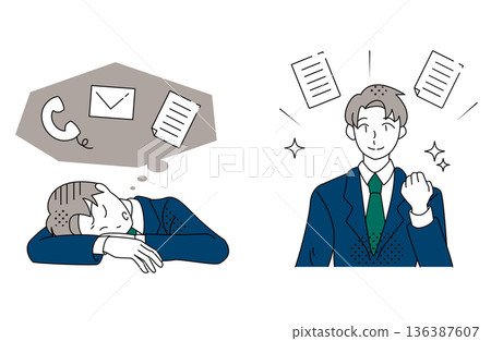 插圖描繪了一位被工作壓得喘不過氣的商人,他正向前走著。 插圖描繪了一位被工作壓得喘不過氣的商人,他正向前走著。 136387607