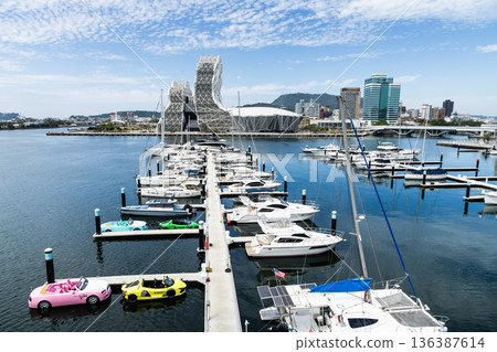 View of Argo Yacht Marina at Glory Pier of Kaohsiung Port, Taiwan, and the Kaohsiung Music Center building. 136387614