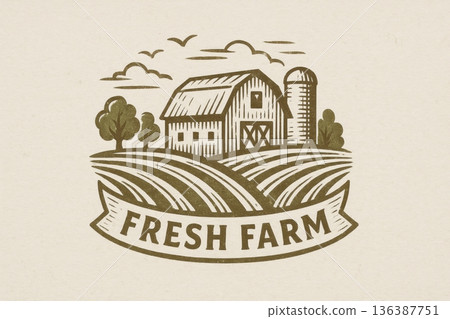 Rustic Farm Landscape With Barn and Silo Surrounded by Rolling Fields and Trees Under a Cloudy Sky 136387751