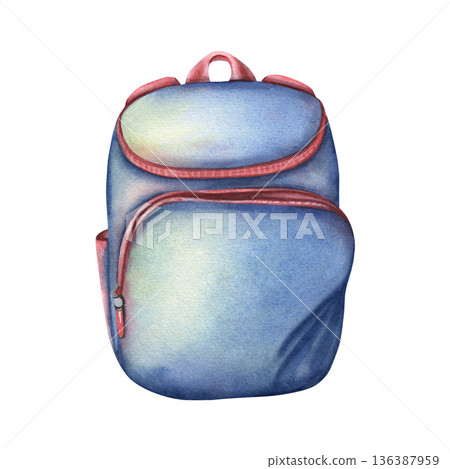 Blue school backpack. Hand-painted watercolor illustration isolated on white background. Perfect for education projects, children design, stationery, packaging, posters, back-to-school themes Blue school backpack. Hand-painted watercolor illustration isolated on white background. Perfect for education projects, children design, stationery, packaging, posters, back-to-school themes 136387959
