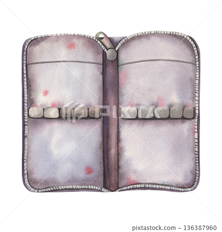 Open empty brown pencil case, top view. Hand-painted watercolor illustration isolated on white background. Perfect for school design, stationery, education projects, packaging, back-to-school themes 136387960