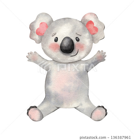 Cute happy cartoon koala with open arms. Hand-painted watercolor illustration isolated on white background. Perfect for kids design, children books, stickers, posters, branding, cheerful illustrations Cute happy cartoon koala with open arms. Hand-painted watercolor illustration isolated on white background. Perfect for kids design, children books, stickers, posters, branding, cheerful illustrations 136387961