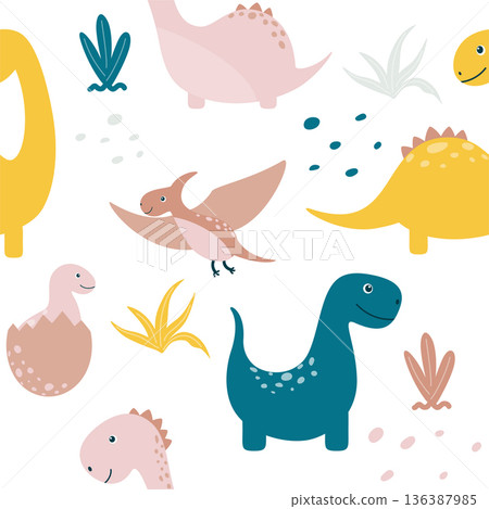 colorful dinosaurs childish pattern 136387985