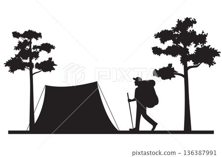 Hiker Silhouette and camping tent in forest 136387991