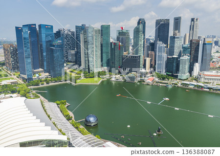 Building view of modern skyscrapers along Marina Bay in the Raffles Place financial district from the Marina Bay Sands Skypark, Singapore. Building view of modern skyscrapers along Marina Bay in the Raffles Place financial district from the Marina Bay Sands Skypark, Singapore. 136388087