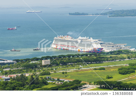 Overlooking view of the cruise ship docked at the Marina Bay Cruise Centre Singapore(MBCCS), a cruise terminal in Singapore located at Marina South. 136388088