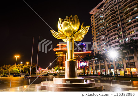 Night view of the large sculpture (Lotus Flower In Full Bloom) at Lotus Square in Macau, China. Night view of the large sculpture (Lotus Flower In Full Bloom) at Lotus Square in Macau, China. 136388096