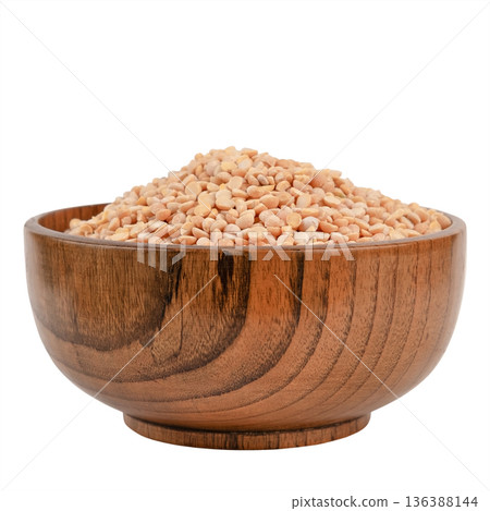Pea porridge in a brown wooden bowl, on a white background Pea porridge in a brown wooden bowl, on a white background 136388144