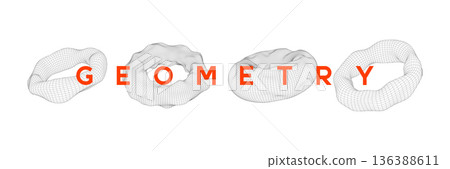 Set of distorted wireframe torus shapes with organic, fluid mesh design. Mathematical mesh shapes for futuristic tech design, science and digital projects. Set of distorted wireframe torus shapes with organic, fluid mesh design. Mathematical mesh shapes for futuristic tech design, science and digital projects. 136388611