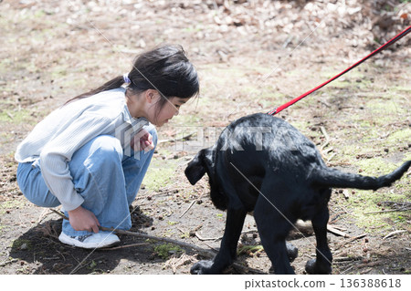 一個孩子在撫摸一隻大狗和幼犬。 136388618
