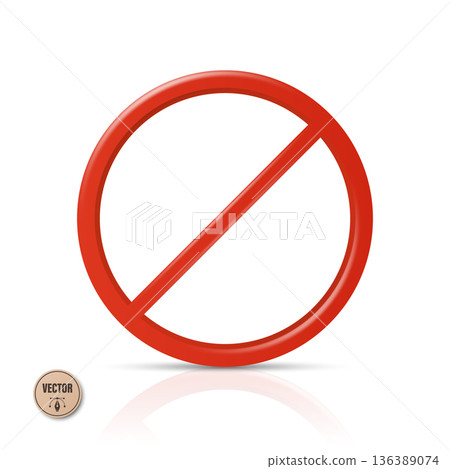 Vector 3d Red Prohibition Sign, Isolated. Red Forbidden Circle with Diagonal Slash Isolated. Prohibition Circle Icon for Warning Concept 136389074