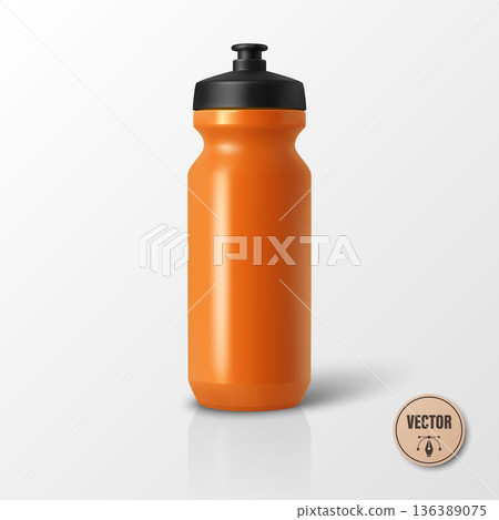 Vector 3d Realistic Orange Sports Water Bottle Mockup Isolated. Blank Plastic Cycling Water Bottle with Black Cap. Water Bottle Template. Vector Sport Bottle for Fitness, Gym, Branding, Packaging Vector 3d Realistic Orange Sports Water Bottle Mockup Isolated. Blank Plastic Cycling Water Bottle with Black Cap. Water Bottle Template. Vector Sport Bottle for Fitness, Gym, Branding, Packaging 136389075