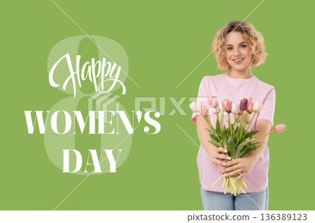 A woman holds a bouquet of flowers on March 8 for Women's Day A woman holds a bouquet of flowers on March 8 for Women's Day 136389123