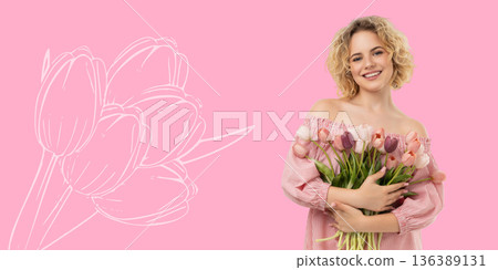 A woman holds a bouquet of tulips and smiles with joy A woman holds a bouquet of tulips and smiles with joy 136389131