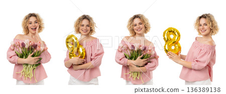 Girl with flowers and balloons for Women's Day, isolated, PNG Girl with flowers and balloons for Women's Day, isolated, PNG 136389138
